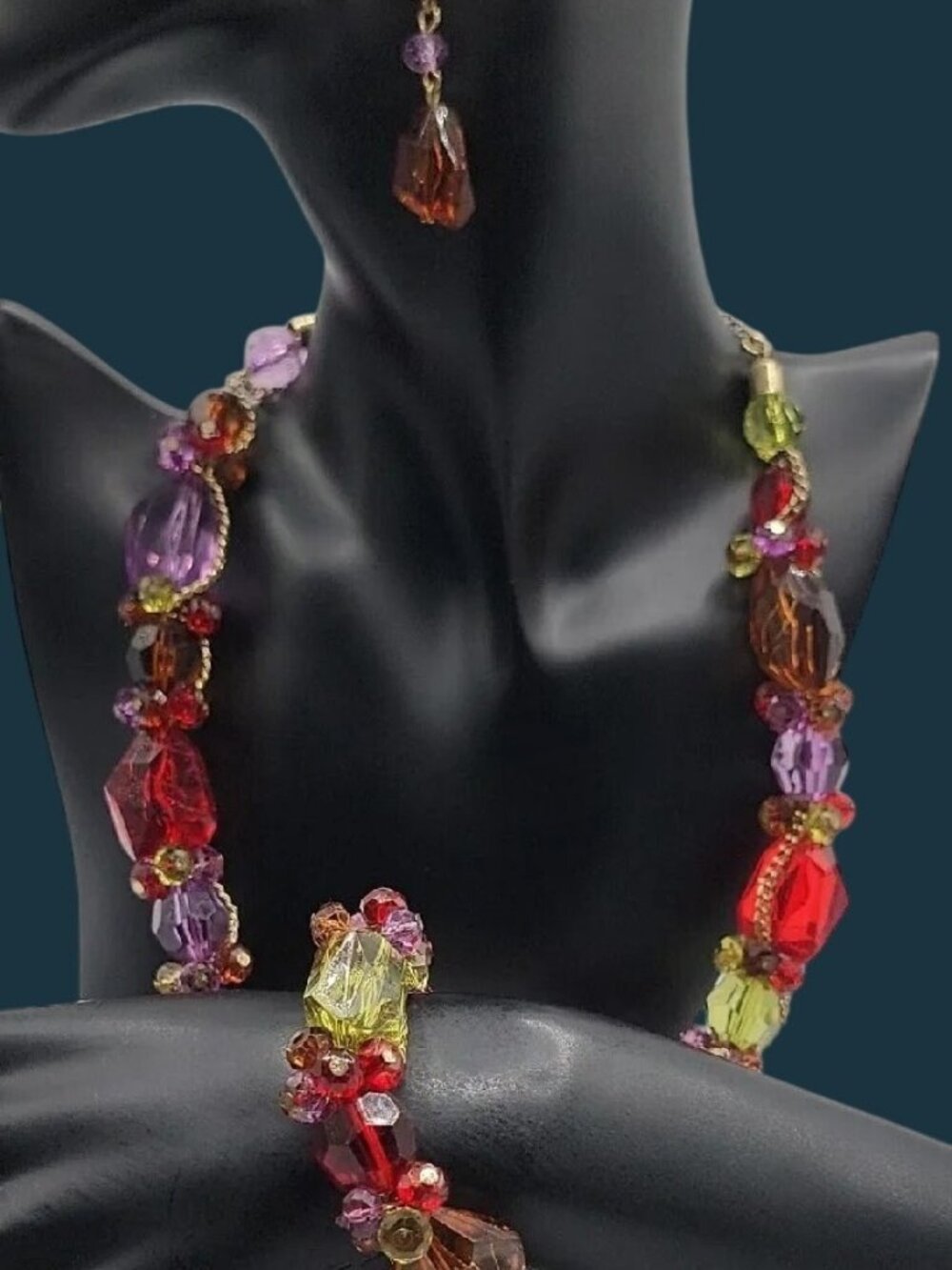 Vintage Popping Color Faceted Chunky Bead Jewelry Set Neclace Earrings Bracelet